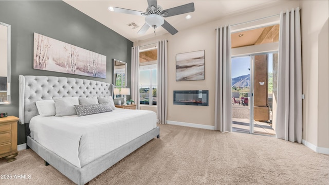 9864 E Baseline Ave, Gold Canyon, AZ 85118 - bedroom with access to outside, light colored carpet, recessed lighting, and ceiling fan