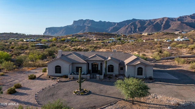 9864 E Baseline Ave, Gold Canyon, AZ 85118 - view of front of property with a mountain view, driveway, stucco siding, and a tiled roof