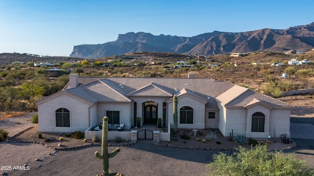 9864 E Baseline Ave, Gold Canyon, AZ 85118 - view of front of property with a gate, a mountain view, a tiled roof, and stucco siding