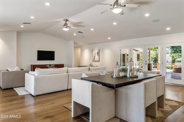 3817 E Highland Ave, Phoenix, AZ 85018 - living area with a ceiling fan, lofted ceiling, wood finished floors, french doors, and recessed lighting