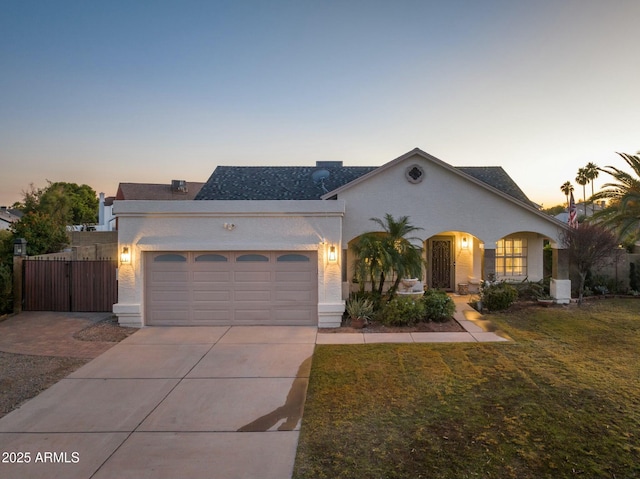 view of front of property with a yard and a garage