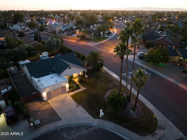 view of aerial view at dusk