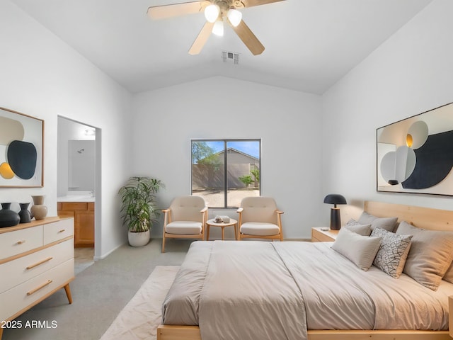 40168 W Sanders Way, Maricopa, AZ 85138 - bedroom with light colored carpet, lofted ceiling, connected bathroom, and a ceiling fan
