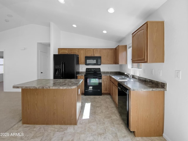 40168 W Sanders Way, Maricopa, AZ 85138 - kitchen with black appliances, a sink, vaulted ceiling, a kitchen island, and recessed lighting
