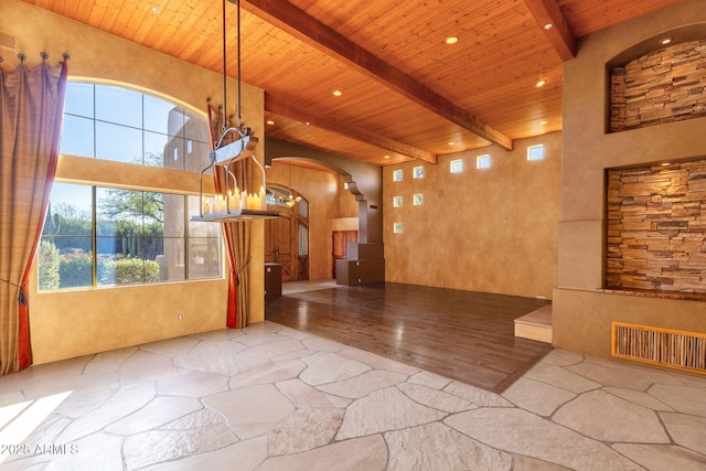 9980 E Charter Oak Rd, Scottsdale, AZ 85260 - interior space with wood ceiling, a towering ceiling, light hardwood / wood-style flooring, and beamed ceiling