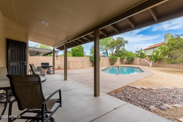 view of swimming pool featuring a fenced in pool, a patio area, and a fenced backyard