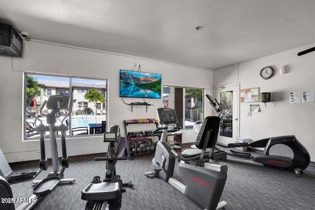 exercise room featuring a textured ceiling and carpet floors