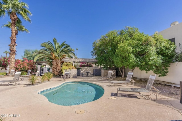 view of pool featuring a patio, fence, and a fenced in pool