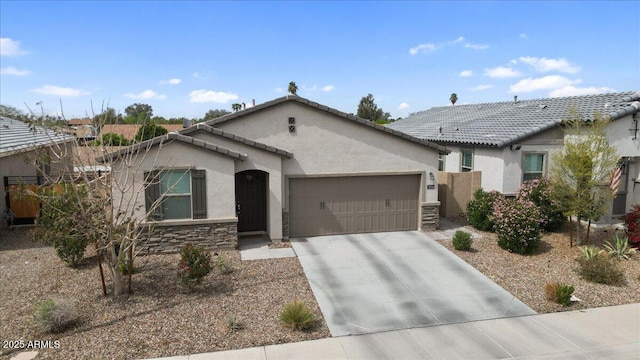 ranch-style home with stone siding, stucco siding, driveway, and a garage