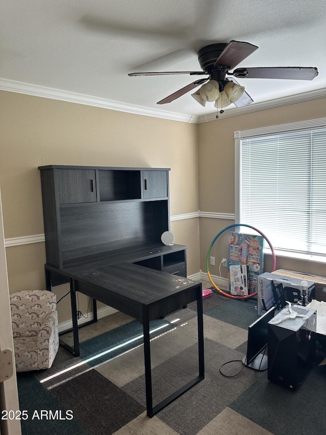 carpeted home office with a textured ceiling, ceiling fan, and crown molding