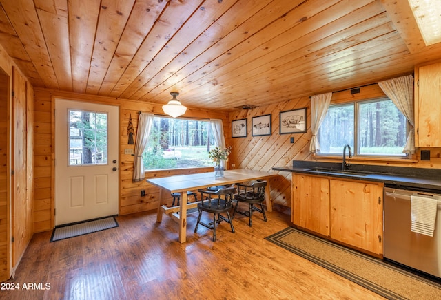 kitchen with dishwasher, wood ceiling, light wood-type flooring, wood walls, and a sink