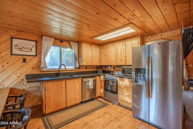 kitchen featuring wooden walls, a sink, wood ceiling, appliances with stainless steel finishes, and dark countertops