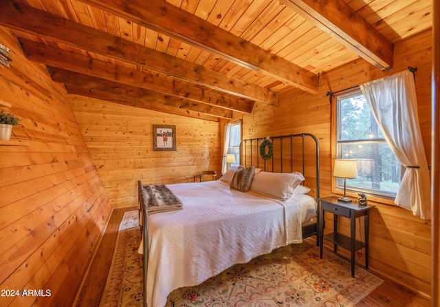 bedroom with wood walls, wood ceiling, and beamed ceiling