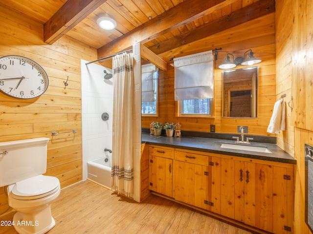 full bath with wood ceiling, wooden walls, and beam ceiling