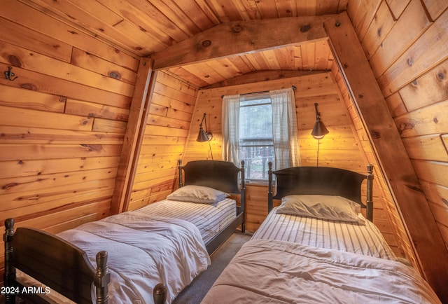 bedroom featuring lofted ceiling with beams, wood walls, and wooden ceiling