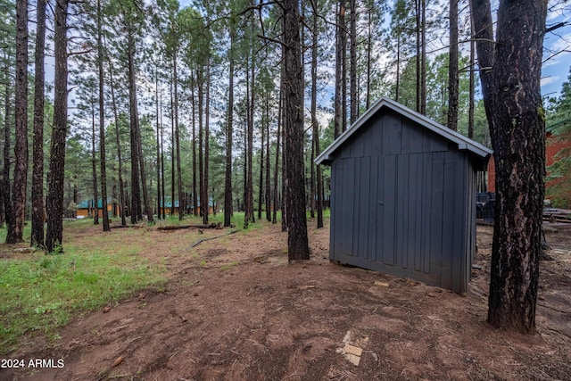 view of yard featuring a storage shed and an outbuilding