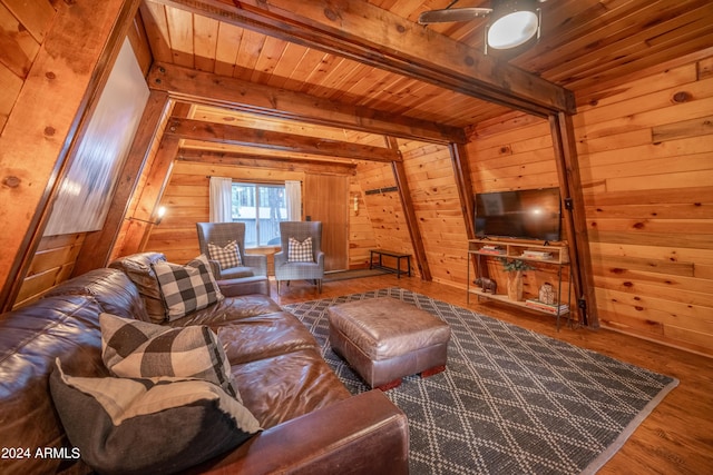 living room with wood ceiling, wooden walls, beam ceiling, and wood finished floors