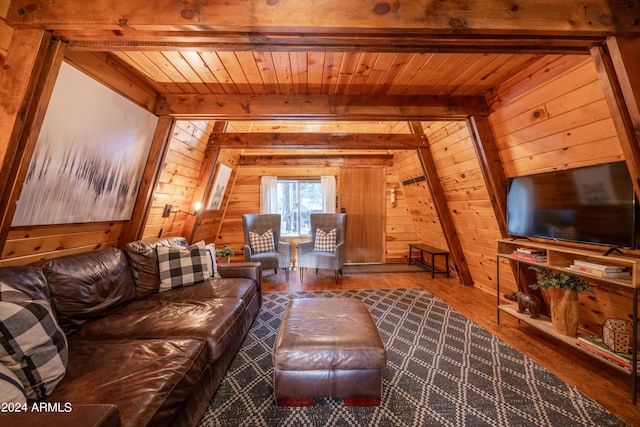 living area with wood walls, wood ceiling, beam ceiling, and wood finished floors