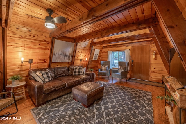 living area featuring wooden ceiling, wood finished floors, beam ceiling, and wooden walls