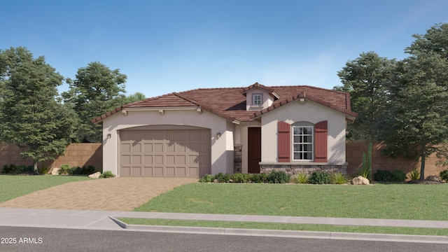 mediterranean / spanish-style home featuring an attached garage, fence, a tiled roof, stone siding, and driveway