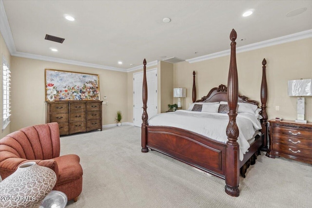 carpeted bedroom featuring recessed lighting, baseboards, visible vents, and ornamental molding