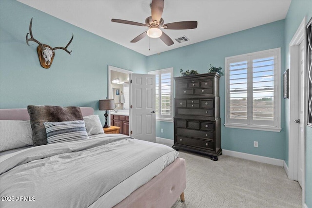 bedroom featuring baseboards, ceiling fan, light carpet, and visible vents