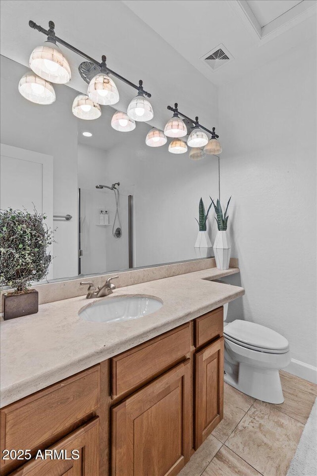 bathroom with vanity, visible vents, a shower, toilet, and tile patterned floors