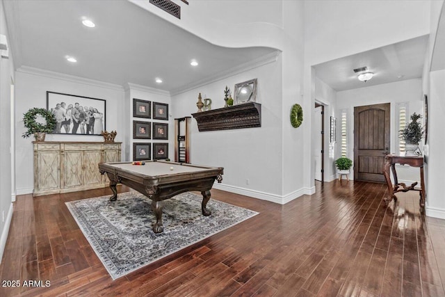 rec room featuring pool table, visible vents, baseboards, and wood finished floors