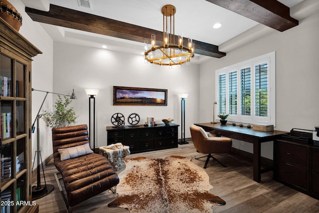 home office with beamed ceiling, wood finished floors, a chandelier, and recessed lighting