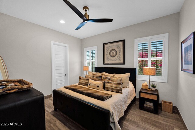 bedroom with dark wood-style flooring, baseboards, recessed lighting, and ceiling fan