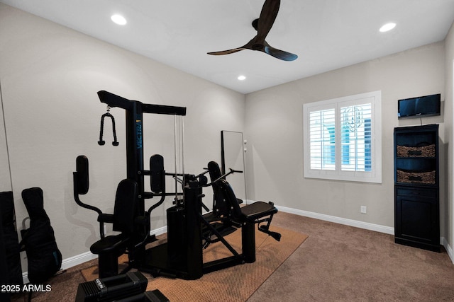 exercise area with ceiling fan, recessed lighting, baseboards, and carpet