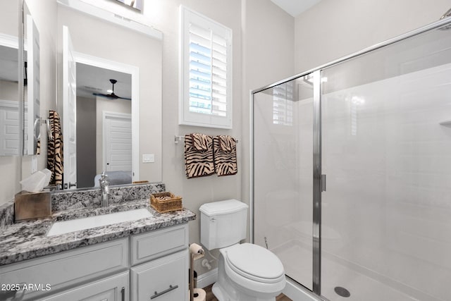 bathroom with a shower stall, toilet, and vanity