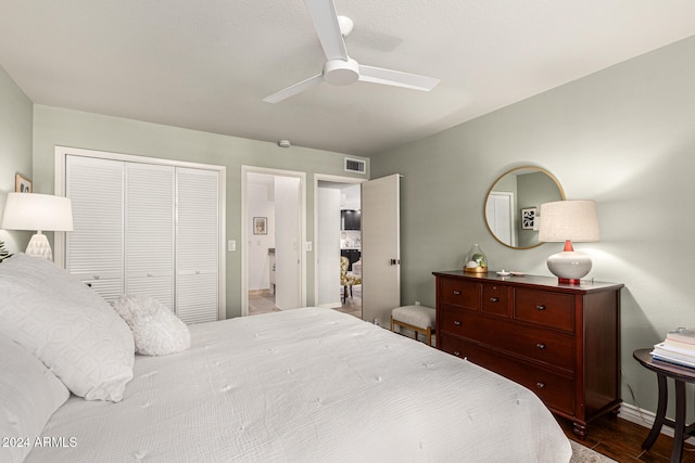 bedroom featuring a closet, ceiling fan, and dark hardwood / wood-style floors