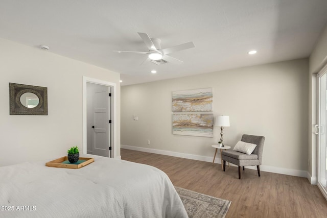 bedroom with visible vents, baseboards, recessed lighting, light wood-style flooring, and a ceiling fan