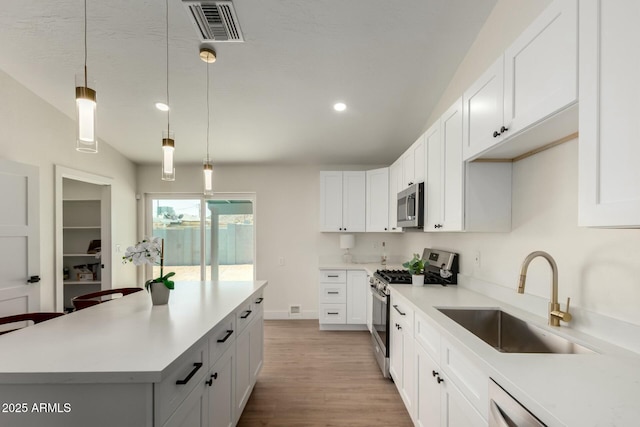 kitchen with a sink, light countertops, visible vents, and stainless steel appliances