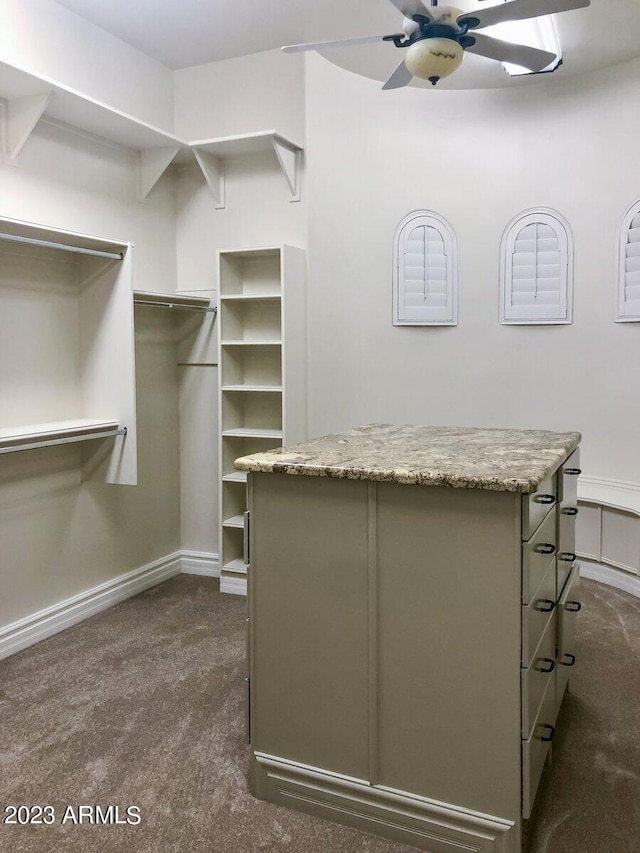 spacious closet with ceiling fan and dark carpet