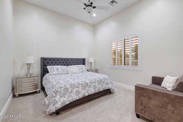 bedroom with ceiling fan and carpet flooring