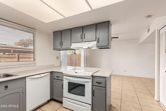 8027 N 32nd Ave, Phoenix, AZ 85051 - kitchen featuring white appliances, gray cabinetry, under cabinet range hood, a peninsula, and light tile patterned floors