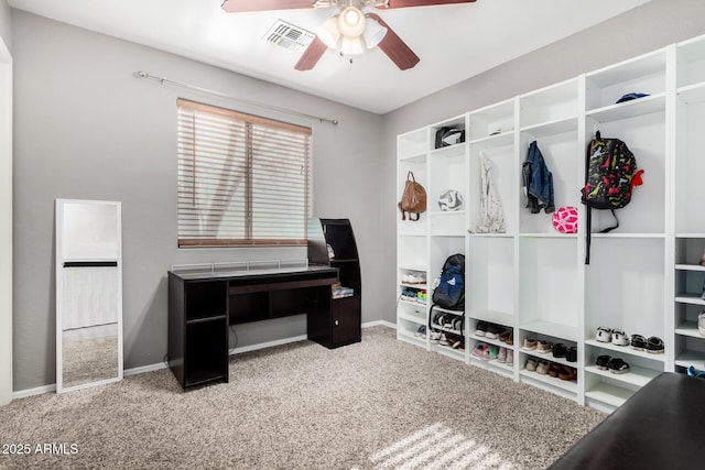 mudroom with carpet and ceiling fan