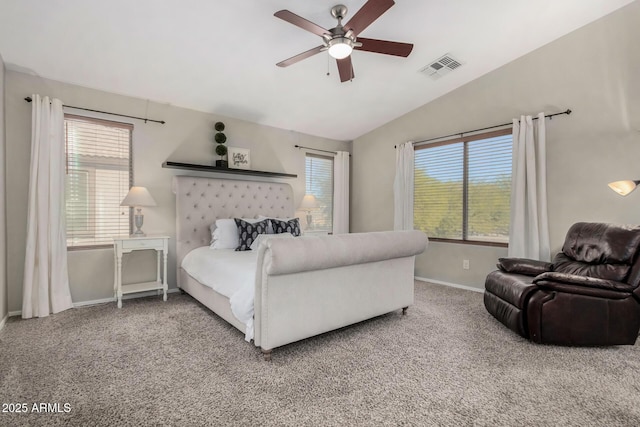 bedroom featuring carpet flooring, ceiling fan, and lofted ceiling