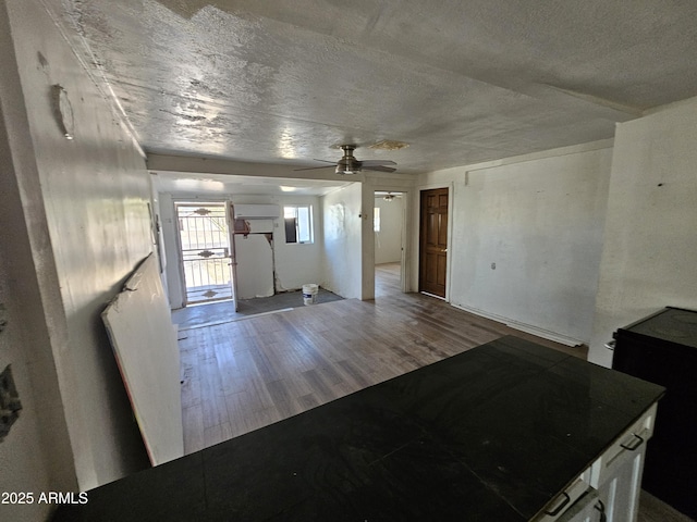 kitchen featuring a textured ceiling, ceiling fan, and wood finished floors