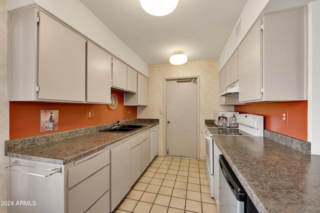 kitchen with white cabinets, sink, light tile patterned floors, electric range, and dishwasher