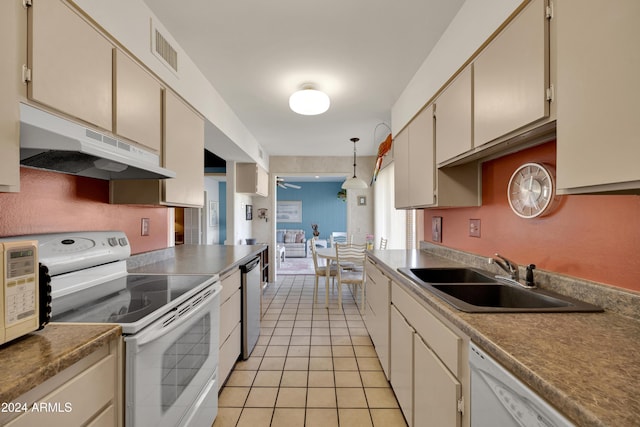 kitchen with ceiling fan, sink, pendant lighting, white appliances, and light tile patterned flooring