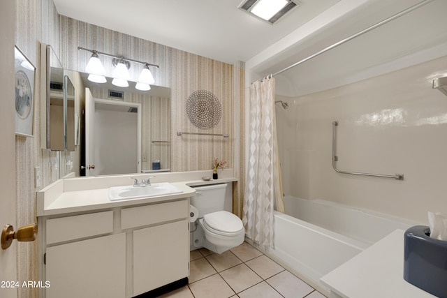 full bathroom featuring tile patterned floors, vanity, shower / bath combination with curtain, and toilet