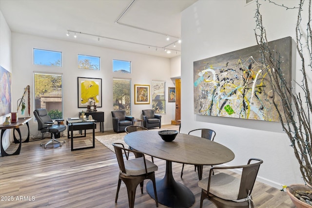 dining room featuring wood-type flooring and a high ceiling