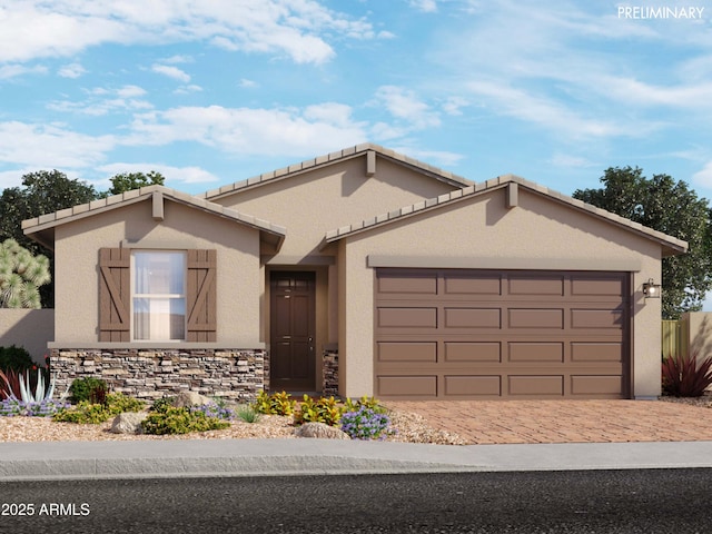 ranch-style home featuring decorative driveway, an attached garage, and stucco siding