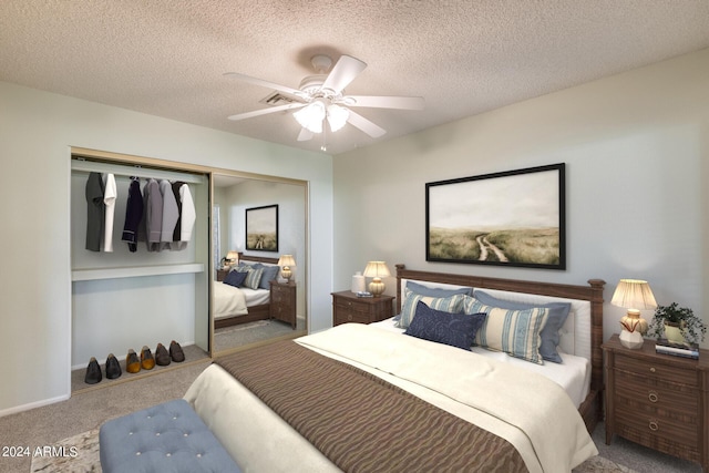 14300 W Bell Rd Unit 35, Surprise, AZ 85374 - bedroom with carpet flooring, baseboards, a textured ceiling, a ceiling fan, and a closet