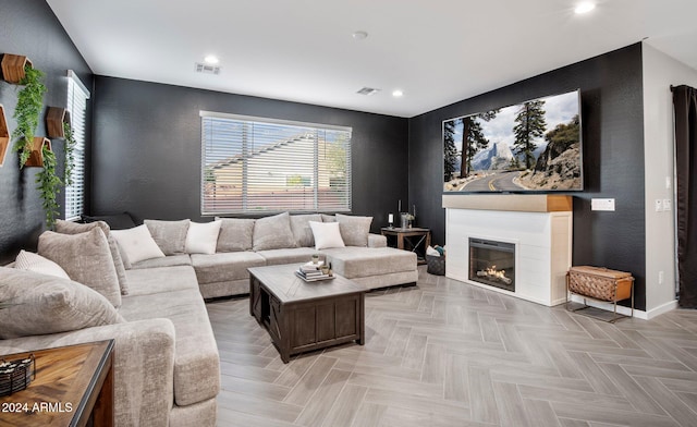 living room featuring light parquet floors