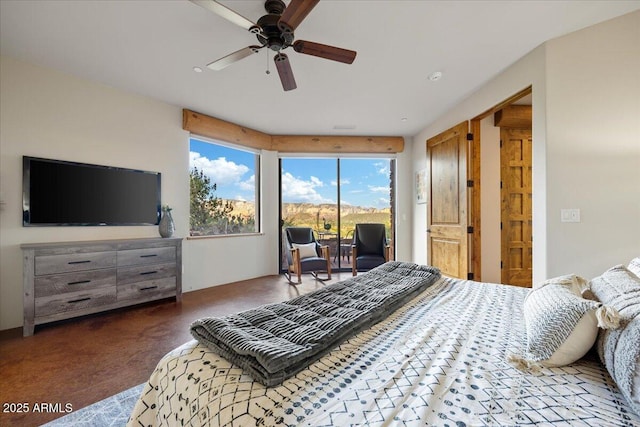 bedroom with dark carpet, ceiling fan, and access to exterior