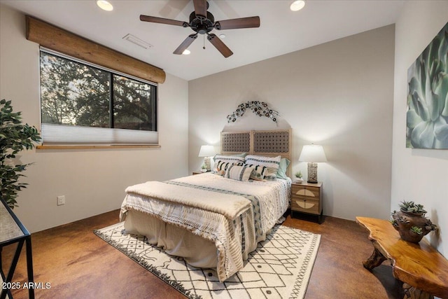 carpeted bedroom with ceiling fan